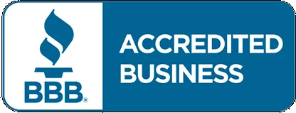Better Business Bureau, torch logo with the words "accredited business" to the right of it. 