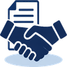 Blue shaking hands icon with papers behind it.