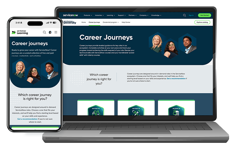 Screenshots of mobile and desktop versions of the new ServiceNow Career Journeys page
