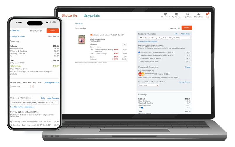 Mobile and desktop version of the redesigned shopping cart for Shutterfly