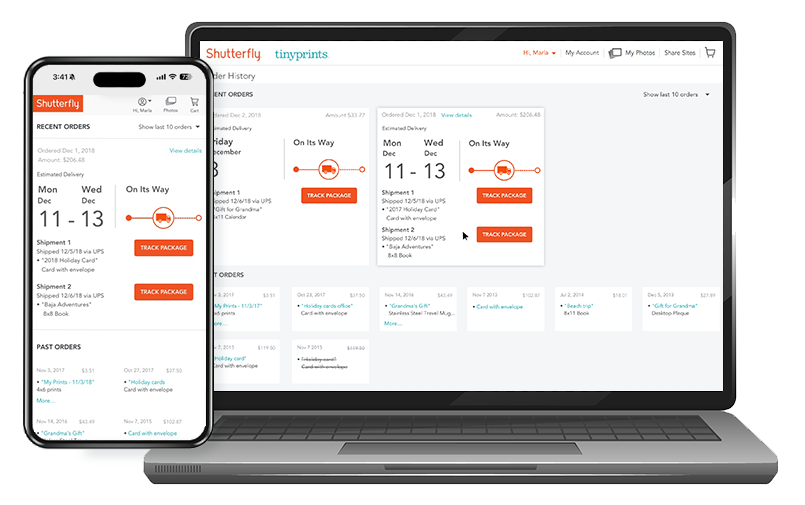 Mobile and desktop version of the redesigned  order status page for Shutterfly