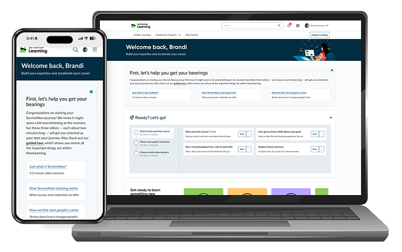 Screenshots of mobile and desktop versions of the new ServiceNow Learning Onboarding  page