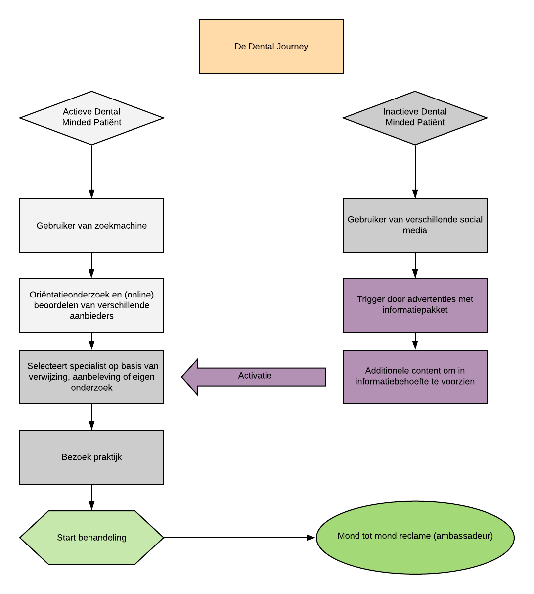 Flussdiagramm mit dem Titel "The Dental Journey", das die Wege aktiver und inaktiver zahnmedizinisch interessierter Patienten aufzeigt, von der Suche und Nutzung sozialer Medien bis zum Beginn der Behandlung und der Mundpropaganda.