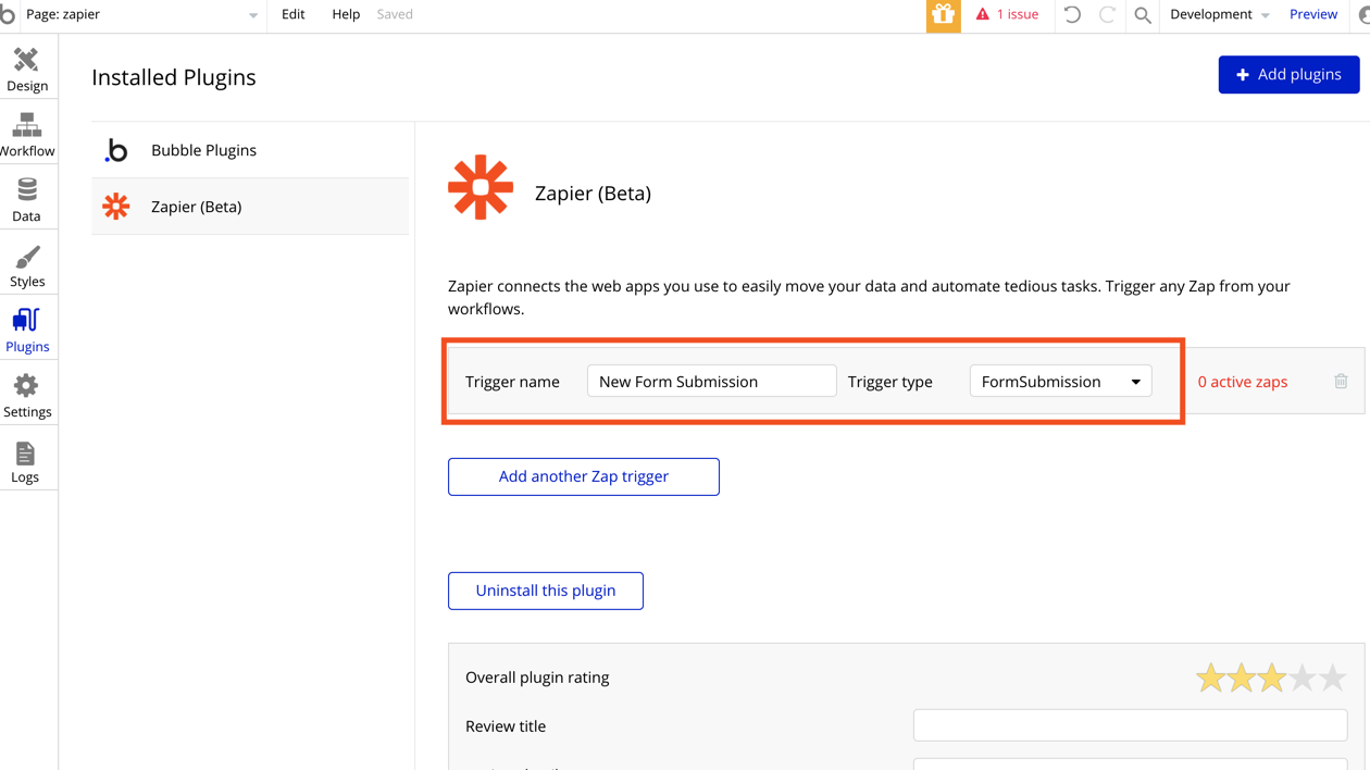 Bubble Zapier Plugin page configuring trigger and type