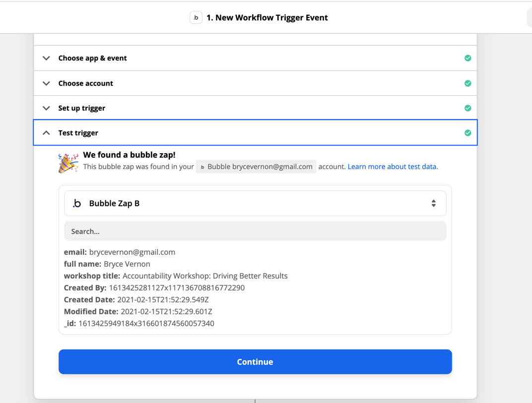 Screenshot of a Zapier Zap testing the trigger for a Bubble App