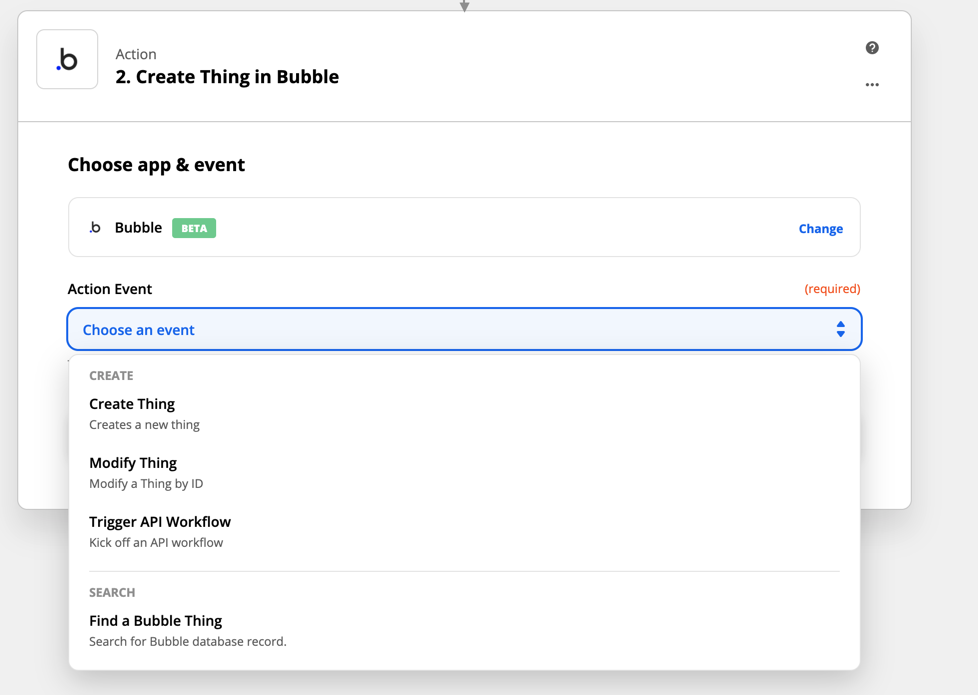 Screenshot of a Zapier action for Bubble