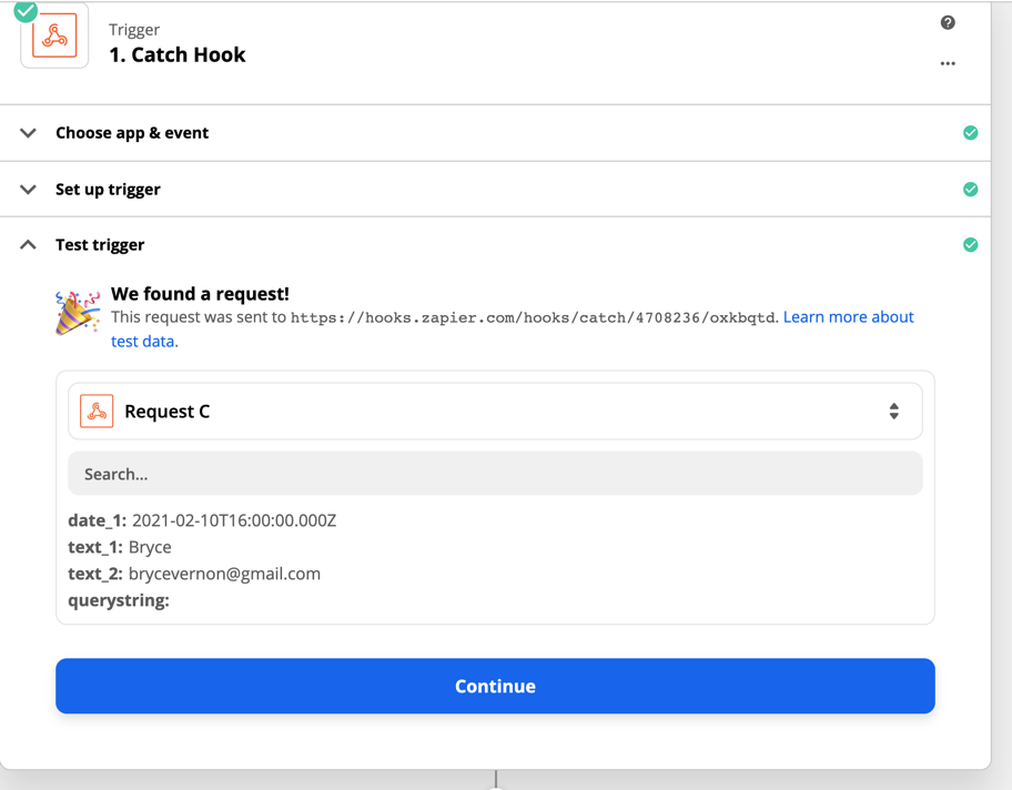 Testing webhook trigger in Zapier