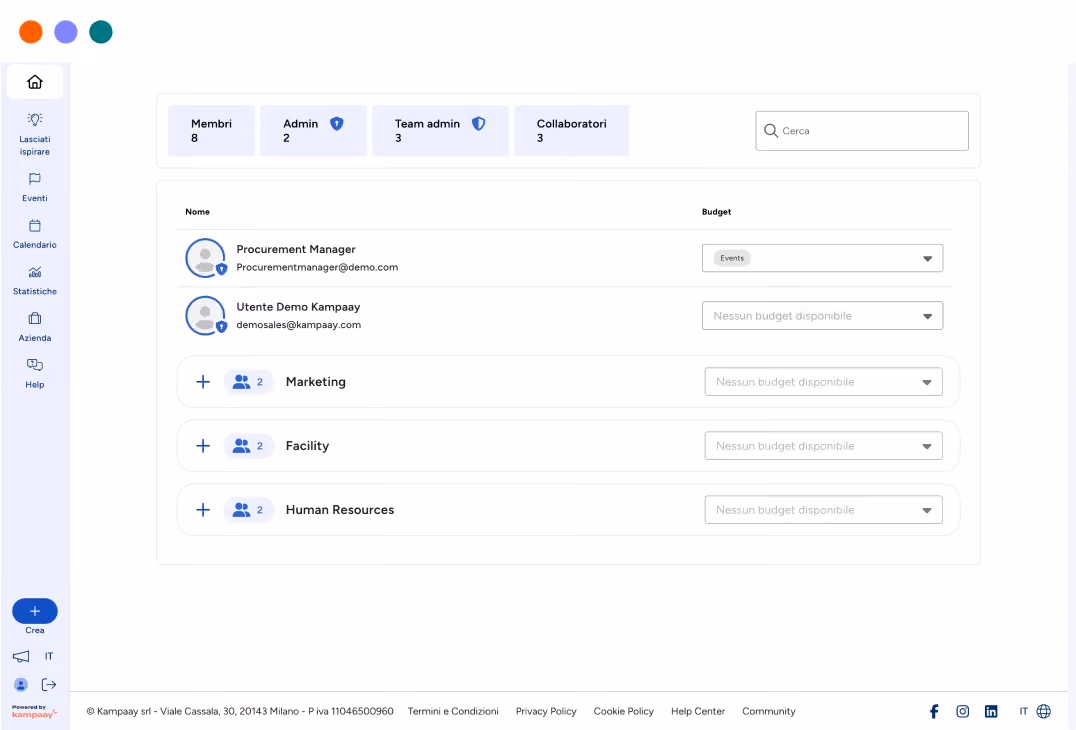 Screen di una piattaforma digitale per la gestioni utenti e team budget per eventi aziendali