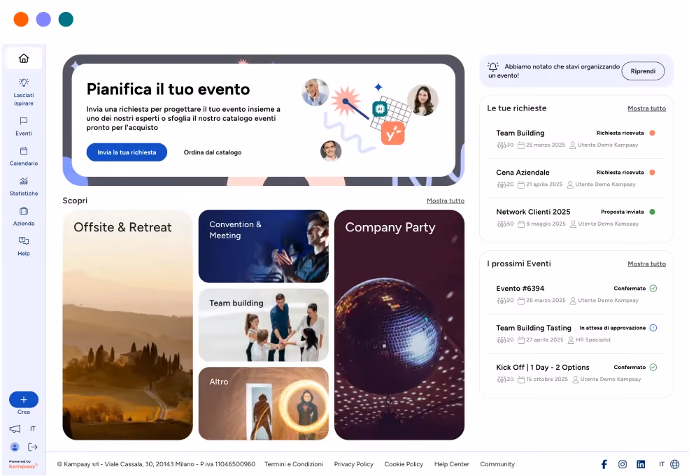 Dashboard di una piattaforma di gestioni eventi