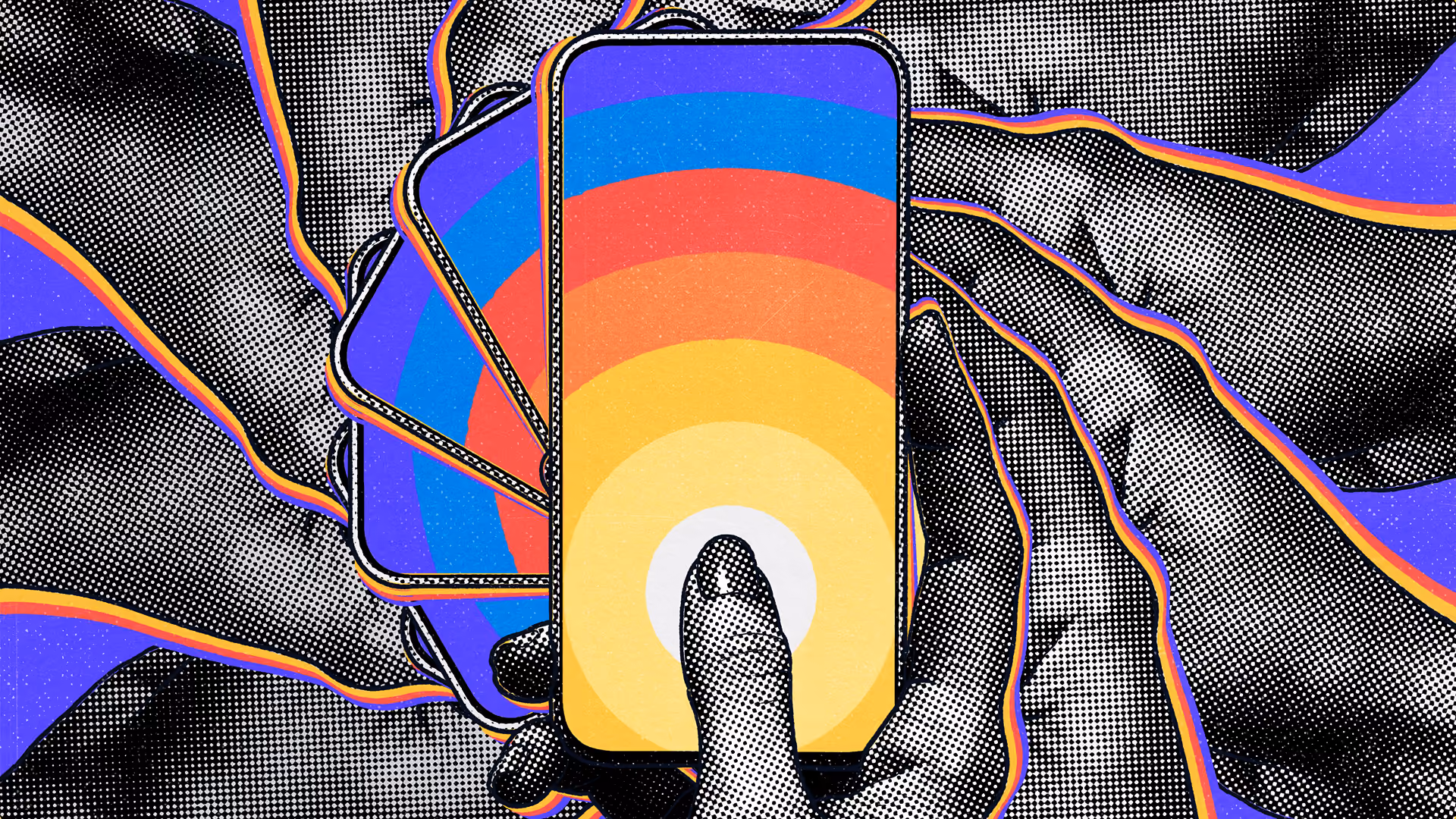 Halftone illustration of hands holding phones, from the Mendix blog banners
