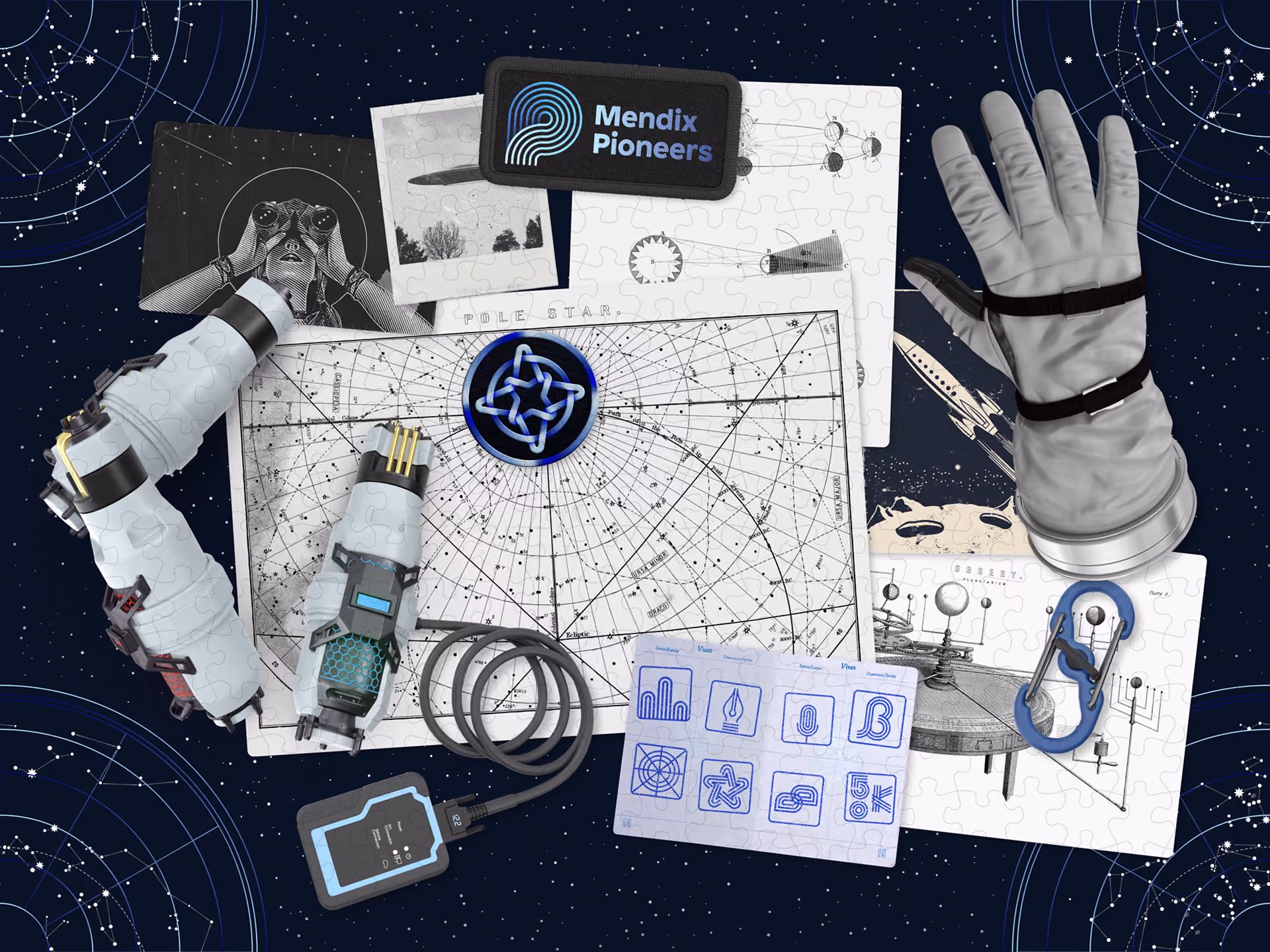 Mendix Pioneers swag laid out on a star map