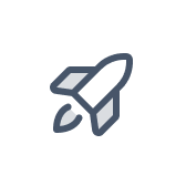 Simple gray outline icon of a rocket ship on a white rounded square background.