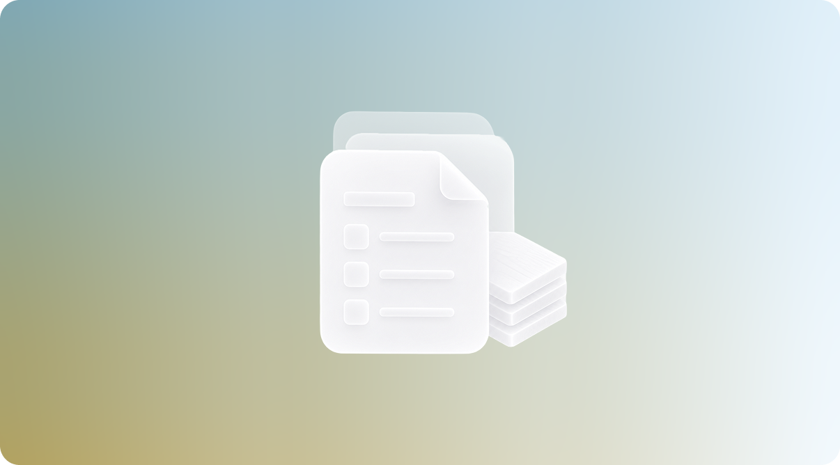 White stylized icon of stacked documents and papers on a blurred gradient background.