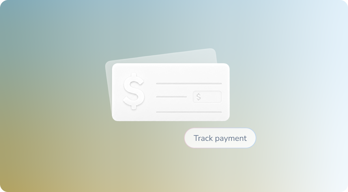 Stylized white checks with dollar signs on a gradient background with a track payment button.