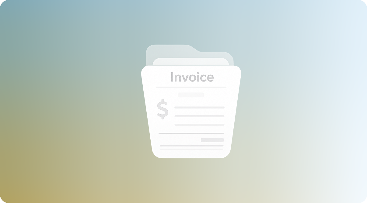 Icon of a folder labeled Invoice with a dollar sign and lines representing text on a gradient background.
