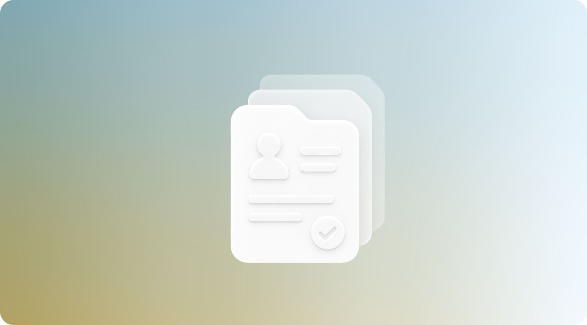 Stack of digital profile documents with a checkmark symbol on a gradient background.