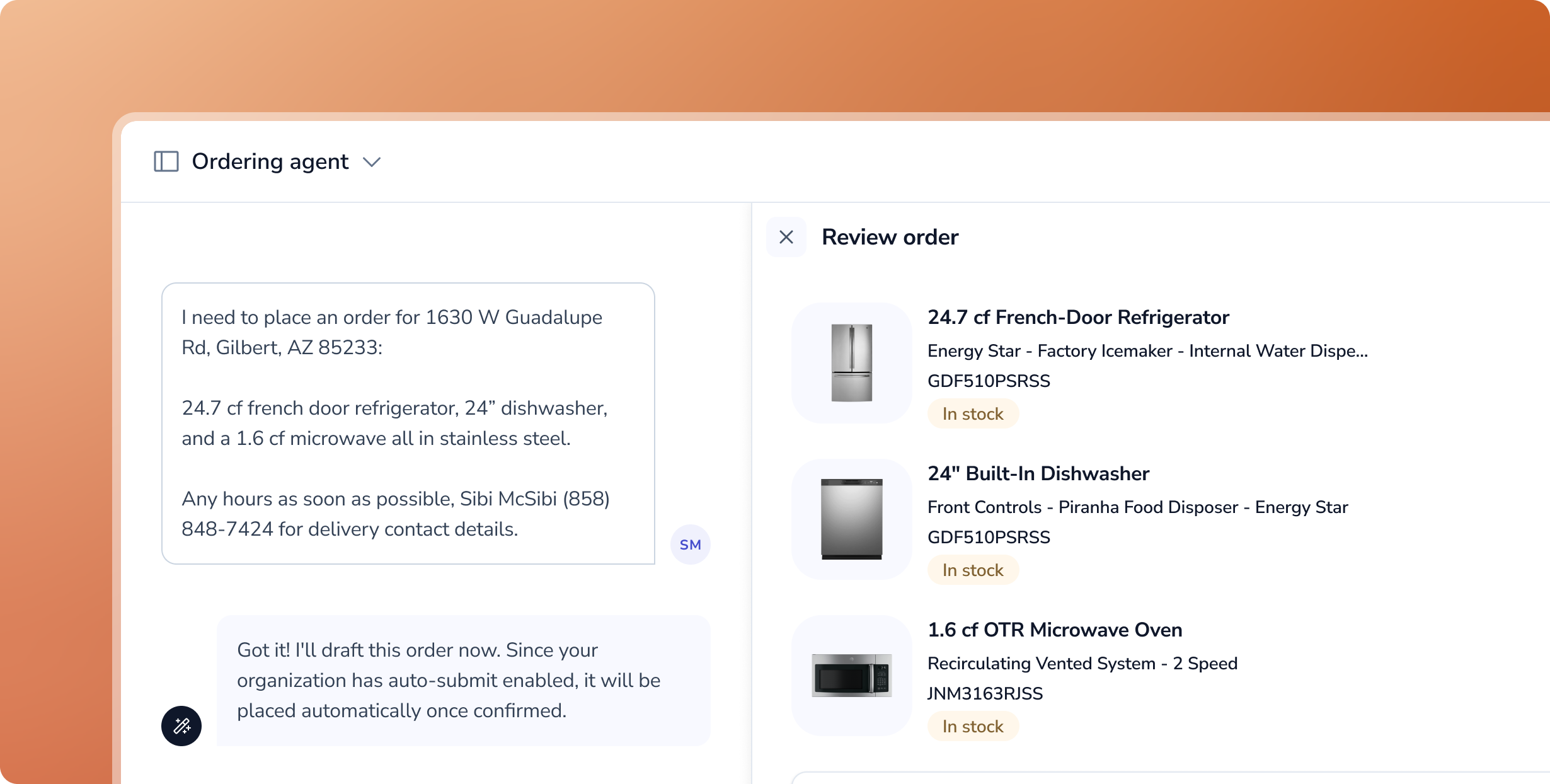 Order agent interface showing conversation to place order and review of refrigerator, dishwasher, and microwave.