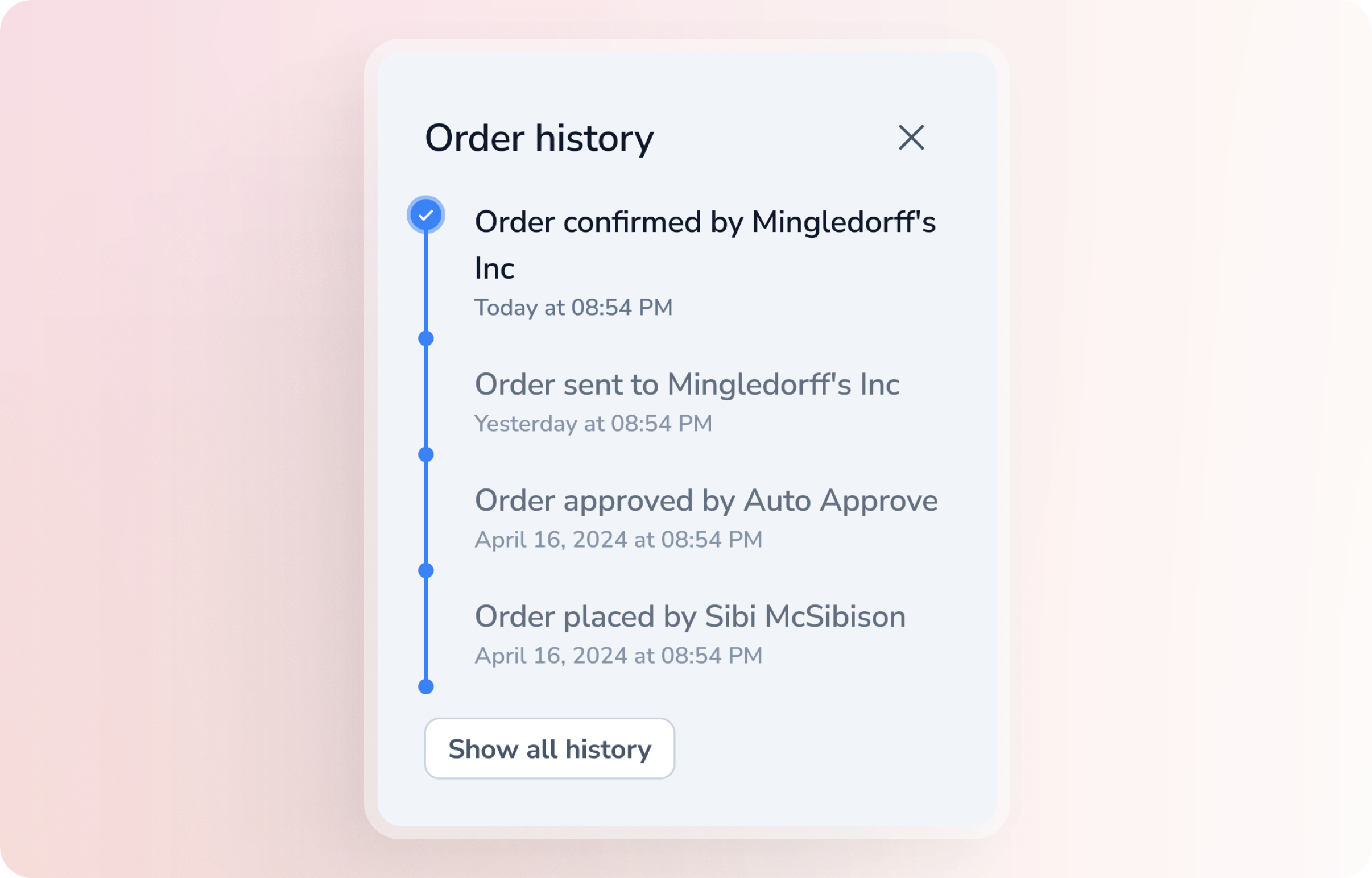 Stylized white checks with dollar signs on a gradient background with a track payment button.