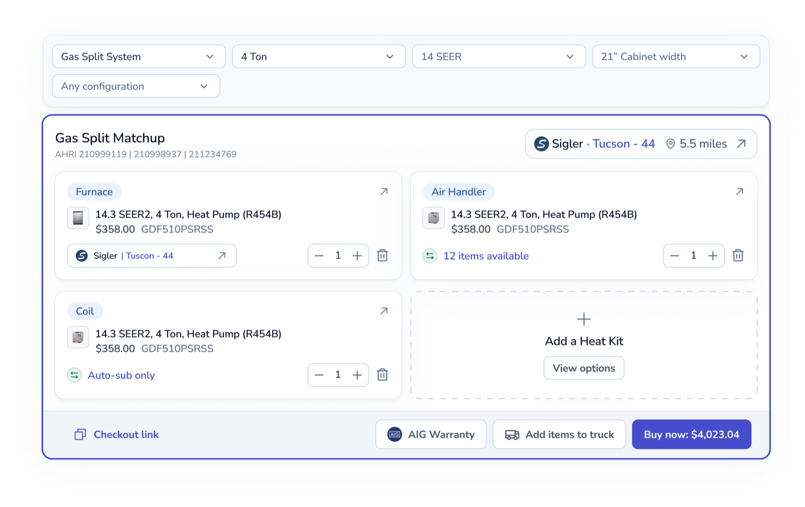 Smart HVAC shopping showing a gas split matchup with a furnace, air handler and coil, each with AHRI-verified details, quantity and auto-sub status, plus checkout actions.
