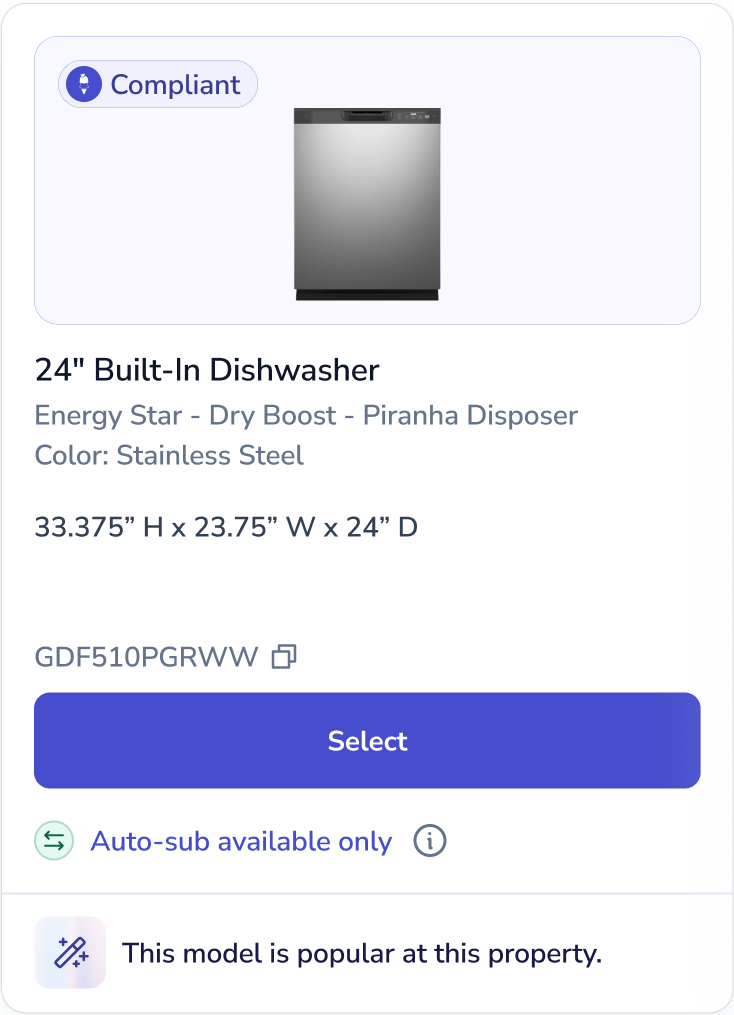 Smart Shop option card for a 24-inch built-in dishwasher marked Compliant, with specs, a Select button, auto-sub status and the reason it was picked.