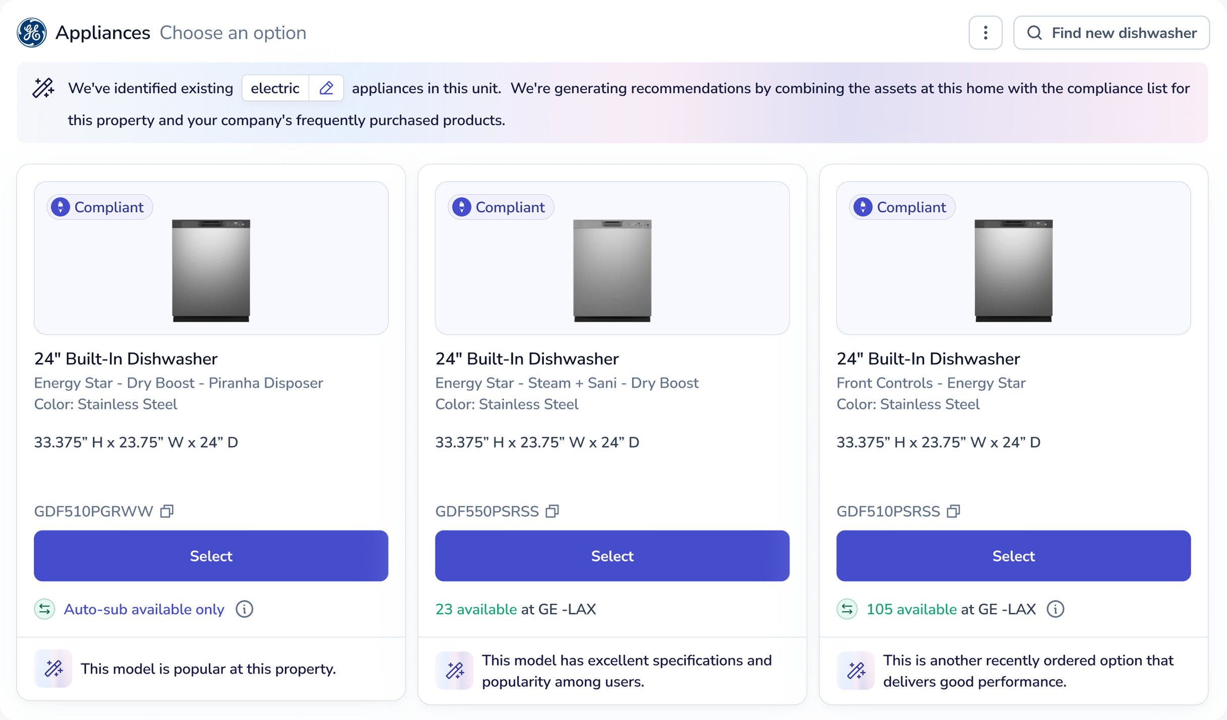 Smart Shop showing three recommended 24-inch built-in dishwashers for 1427 Maple Ave, each marked Compliant, with its model details and stock status. One option is selected.