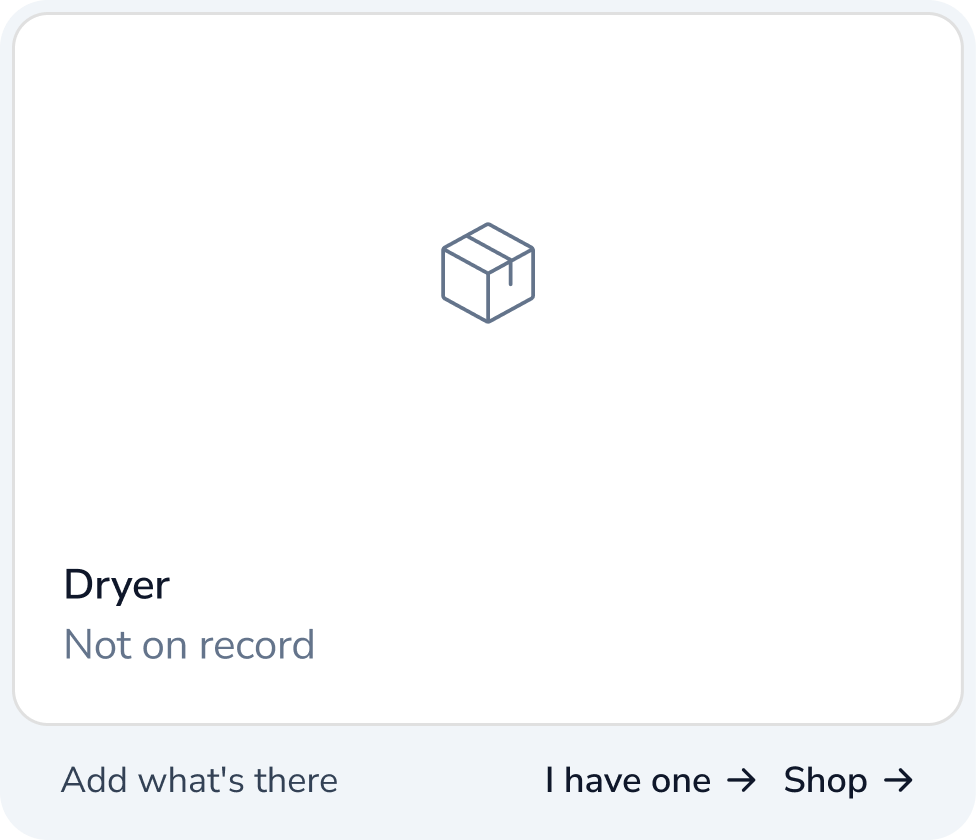 Dryer card marked Not on record with options to add what is there or shop for one