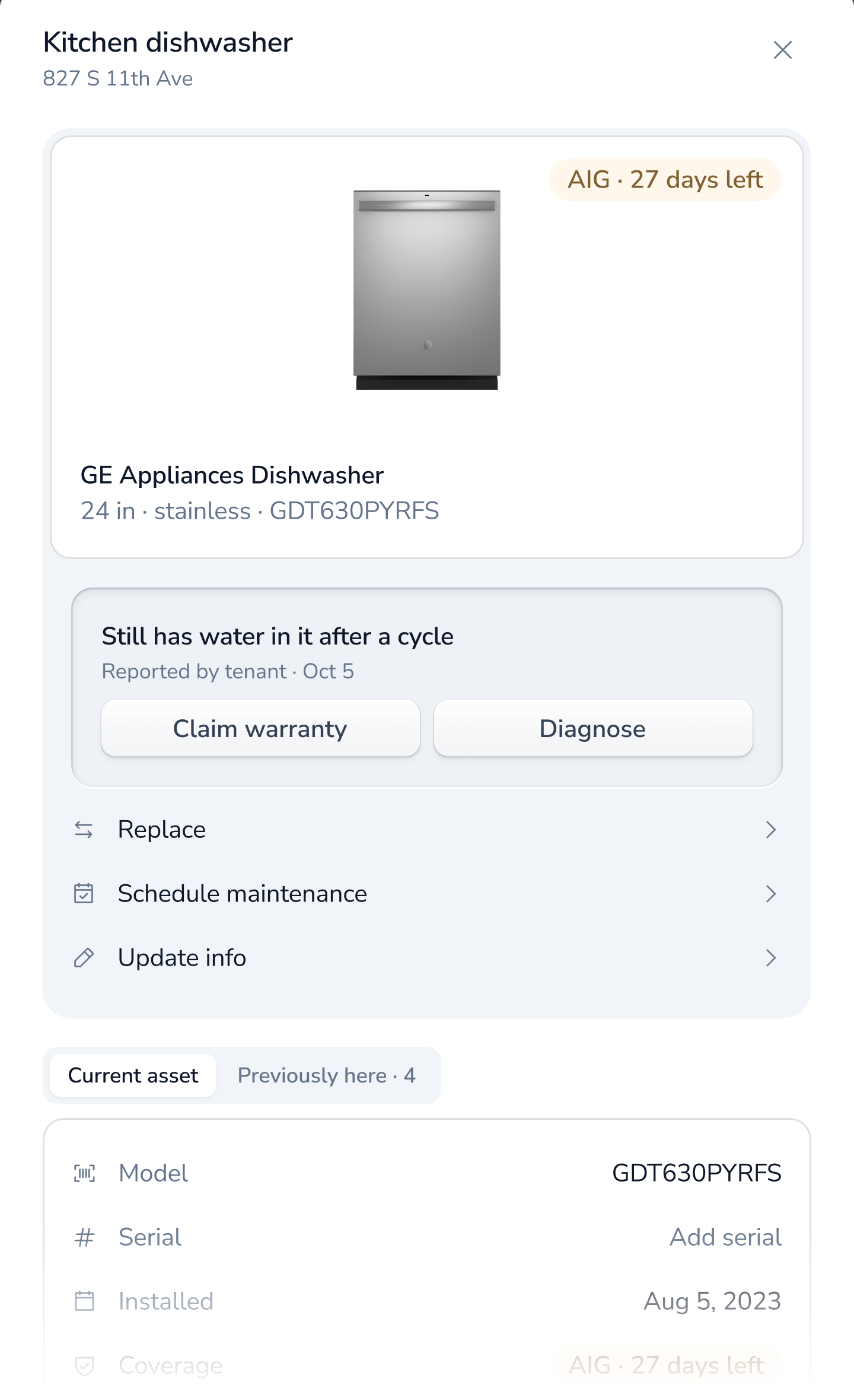 Detail view for a kitchen dishwasher with AIG warranty 27 days left, a tenant-reported drain issue with Claim warranty and Diagnose actions, Replace, Schedule maintenance and Update info options, and current asset details including model, serial, install date and coverage