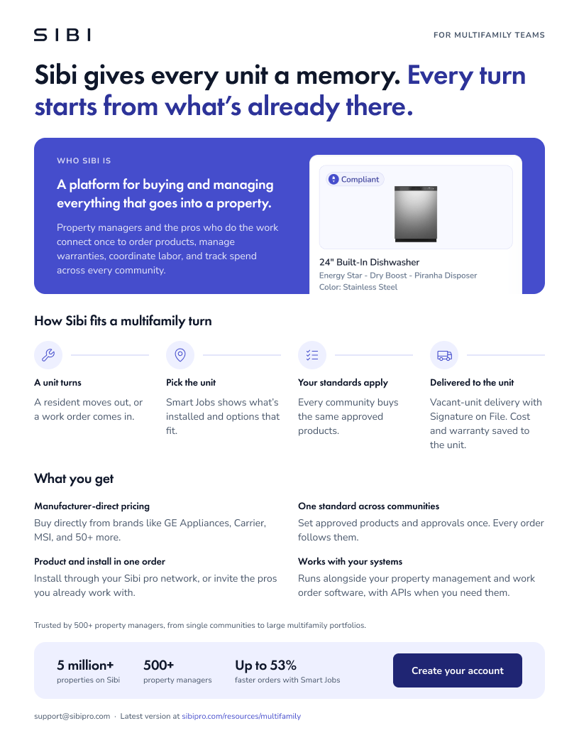 First page of the Sibi for multifamily teams one-pager