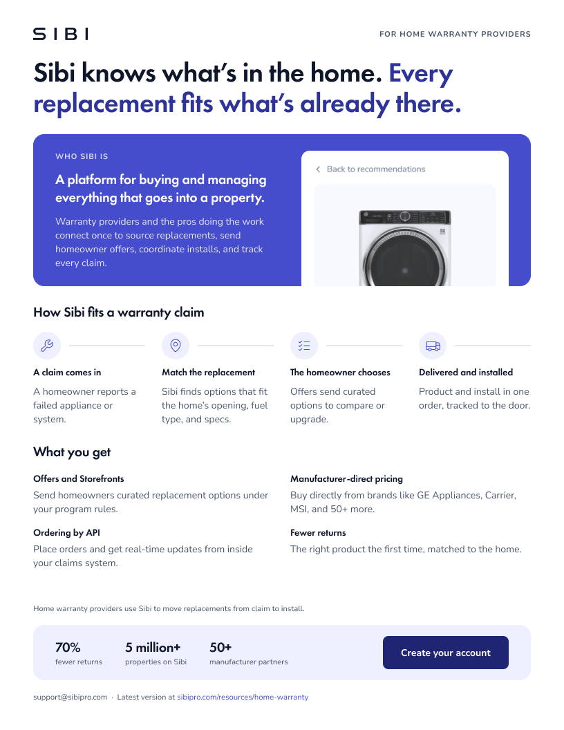 First page of the Sibi for home warranty one-pager