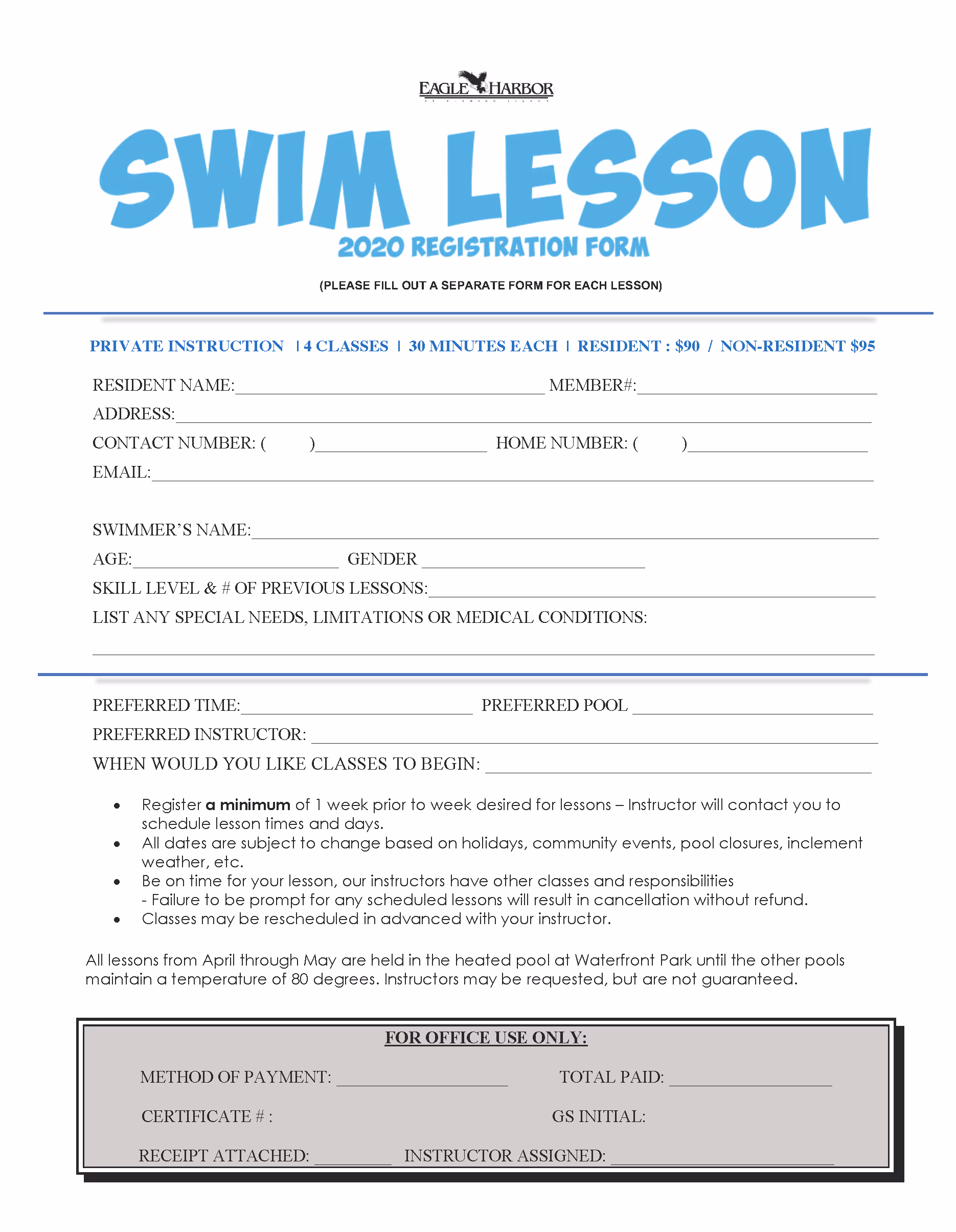 Eagle Harbor Swim Lesson 2020 registration form with fields for resident and swimmer information, preferred time, pool, instructor, and office use payment details.