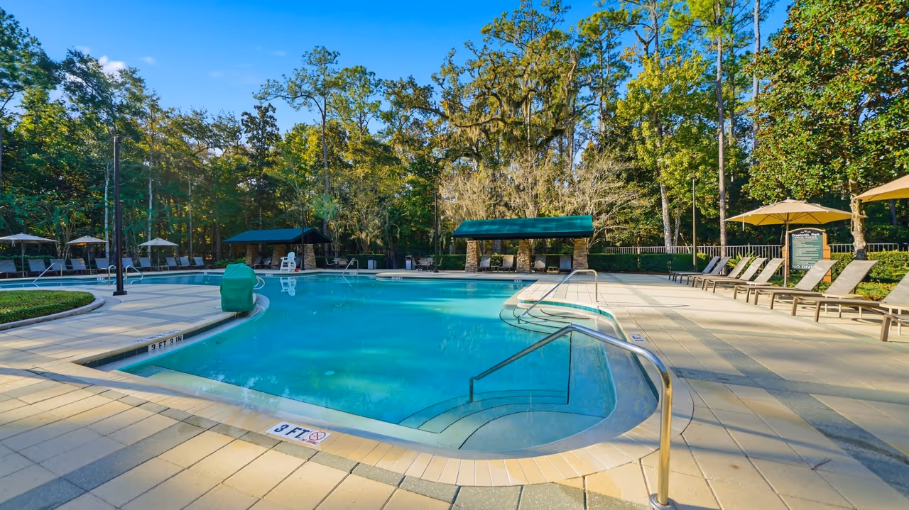 Outdoor swimming pool surrounded by lounge chairs and umbrellas with trees in the background under a clear blue sky.
