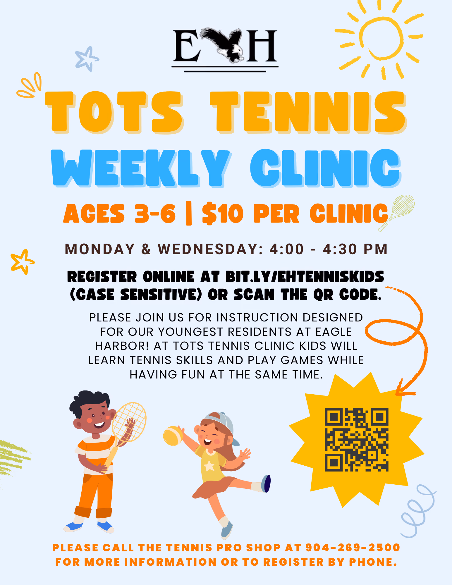 Flyer for Tots Tennis weekly clinic for ages 3-6 at Eagle Harbor, Mondays and Wednesdays 4-4:30 PM.