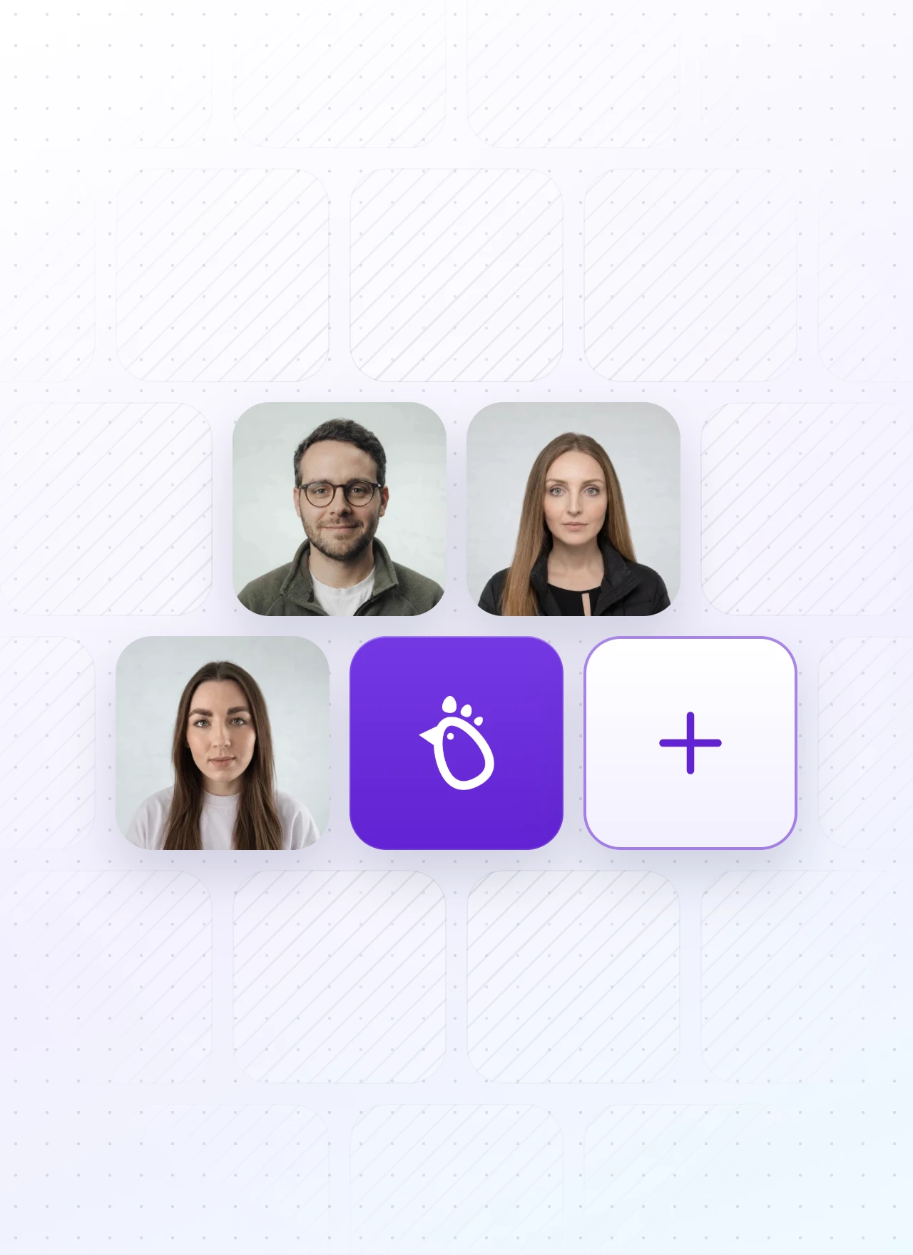 Grid with three portrait photographs of individuals: a man with glasses and two women, one with long straight brown hair and the other with long straight blond hair, alongside two icons: a purple square with a white bird footprint and a white square with a purple plus sign.