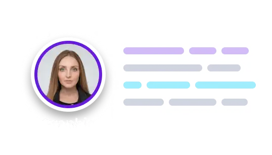 Profile picture of a woman with long straight hair inside a purple-bordered circle, next to abstract colored text blocks simulating a comment or testimonial.