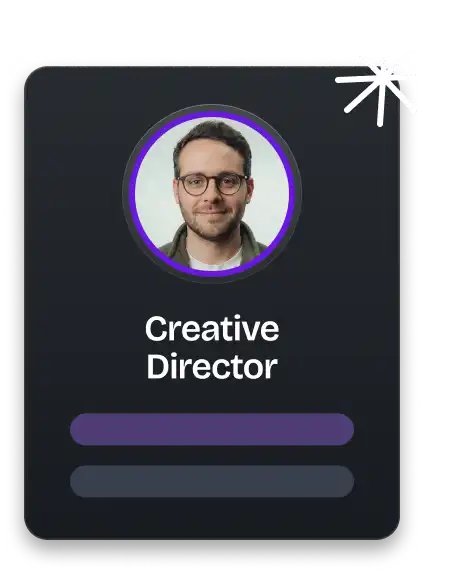 Profile card with a circular photo of a man wearing glasses and a jacket, labeled Creative Director, on a dark background with decorative starburst in the top right corner.