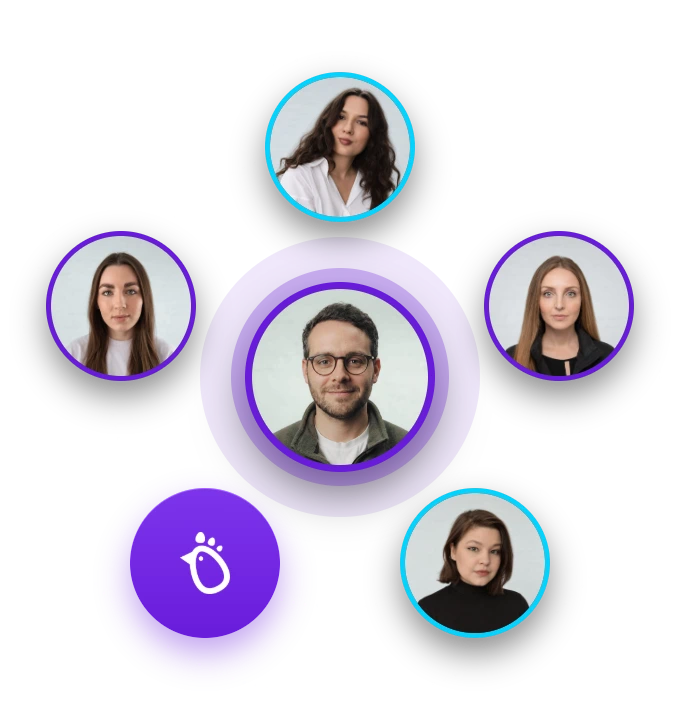 Circular team grid graphic with a central portrait of a man wearing glasses and a dark jacket, surrounded by four portraits of women in a ring, each framed with either a blue or purple border, and a purple circle with a small white chicken icon.