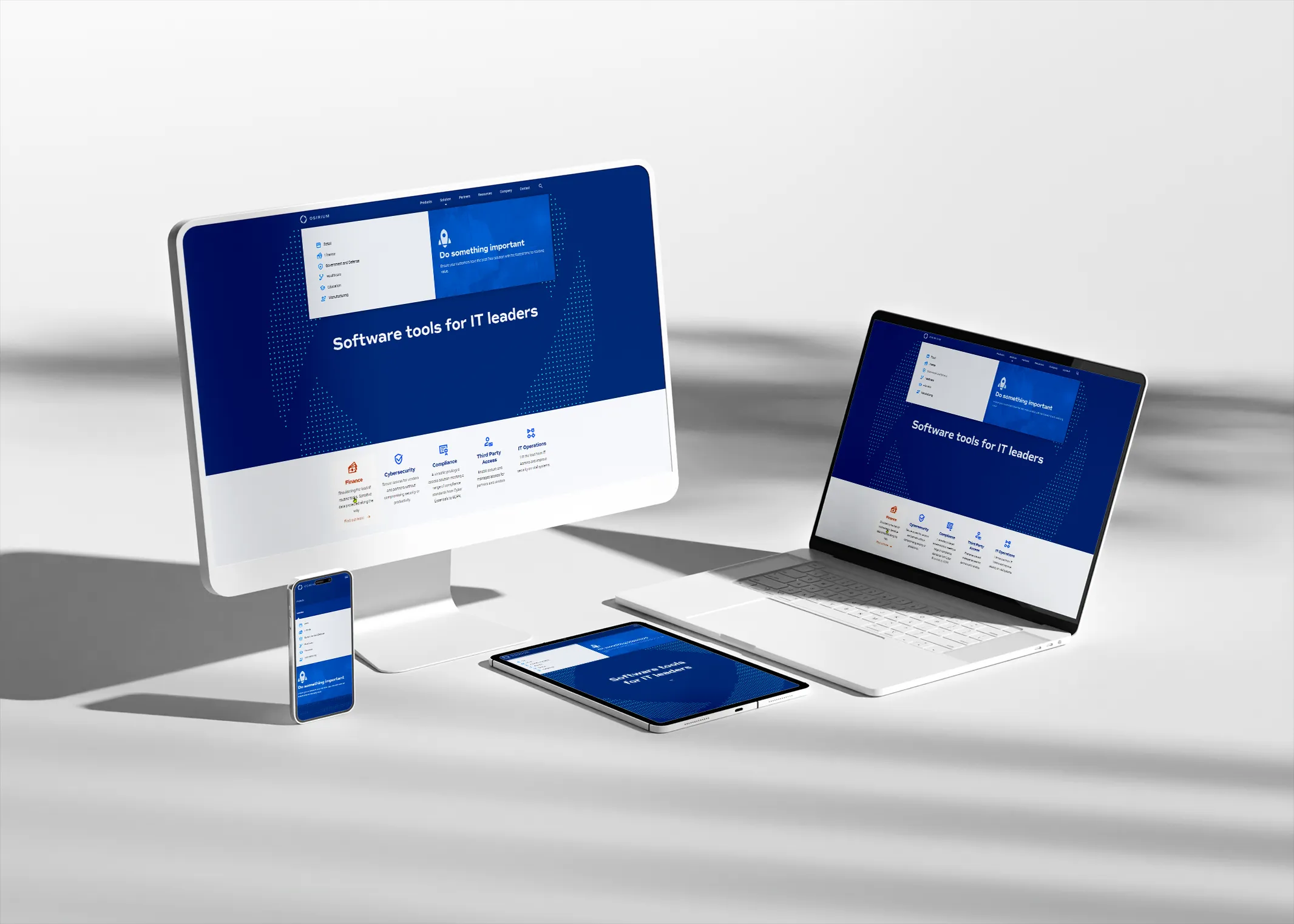 Osirium website shown on a desktop monitor, laptop, tablet and phone, with a blue 'Software tools for IT leaders' home page.