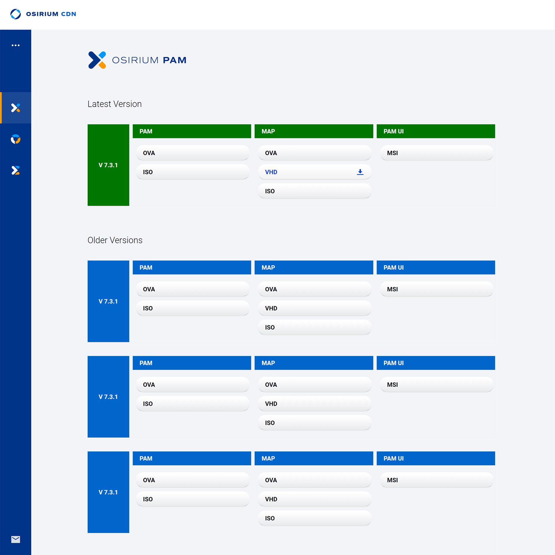 Osirium CDN download page in the new branded skin, listing the latest and older product versions in blue and green panels.