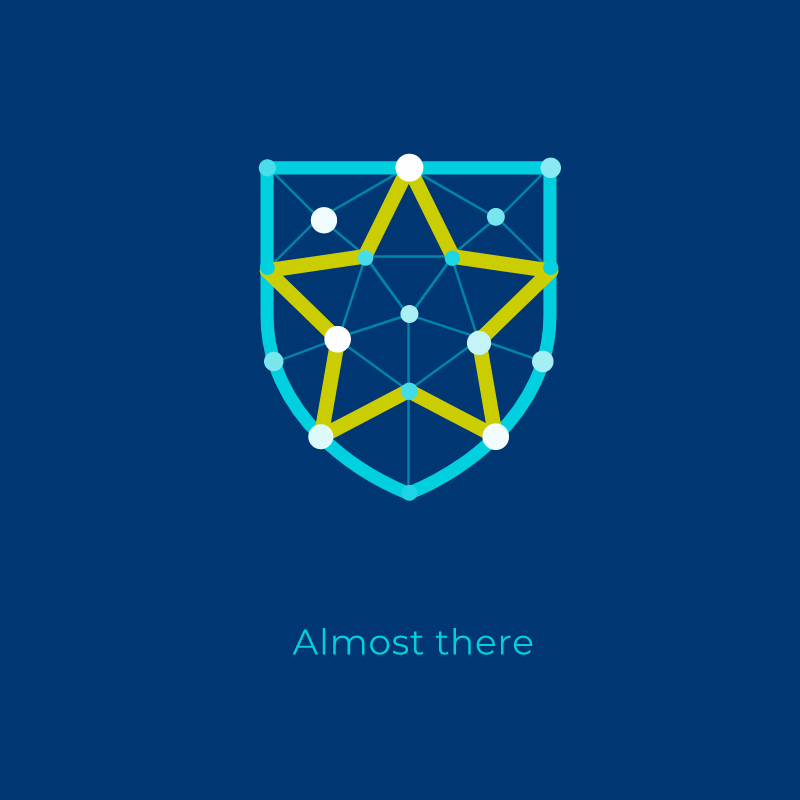 Loading screen: a glowing star inside a shield outline on dark blue, with the caption 'Almost there'.