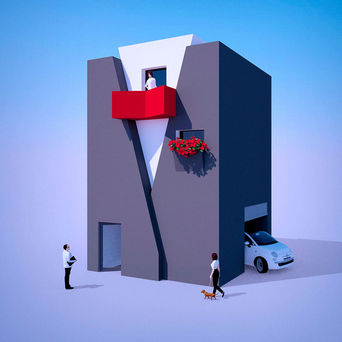 Illustrated modern building with a red balcony, people walking a dog and a small car parked in the garage.