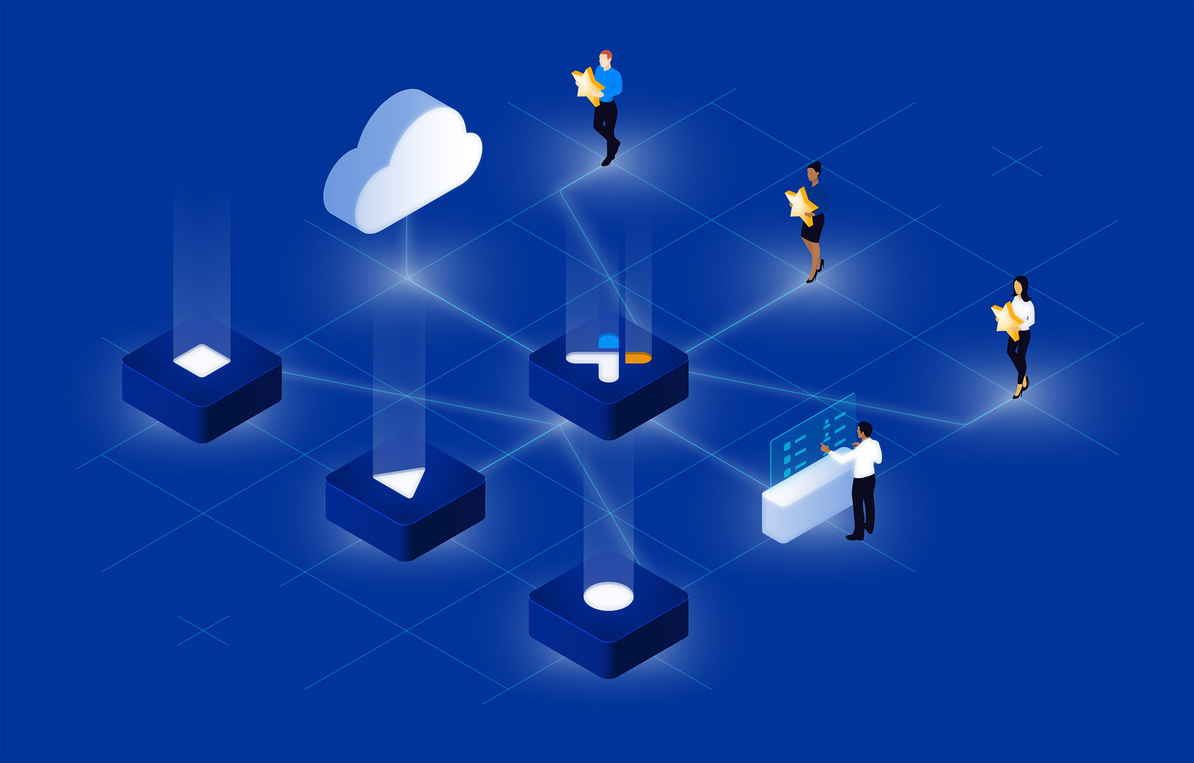 Isometric illustration on deep blue: glowing platforms linked to a cloud and to people using laptops and screens, summarising how Osirium PAM connects users and systems.
