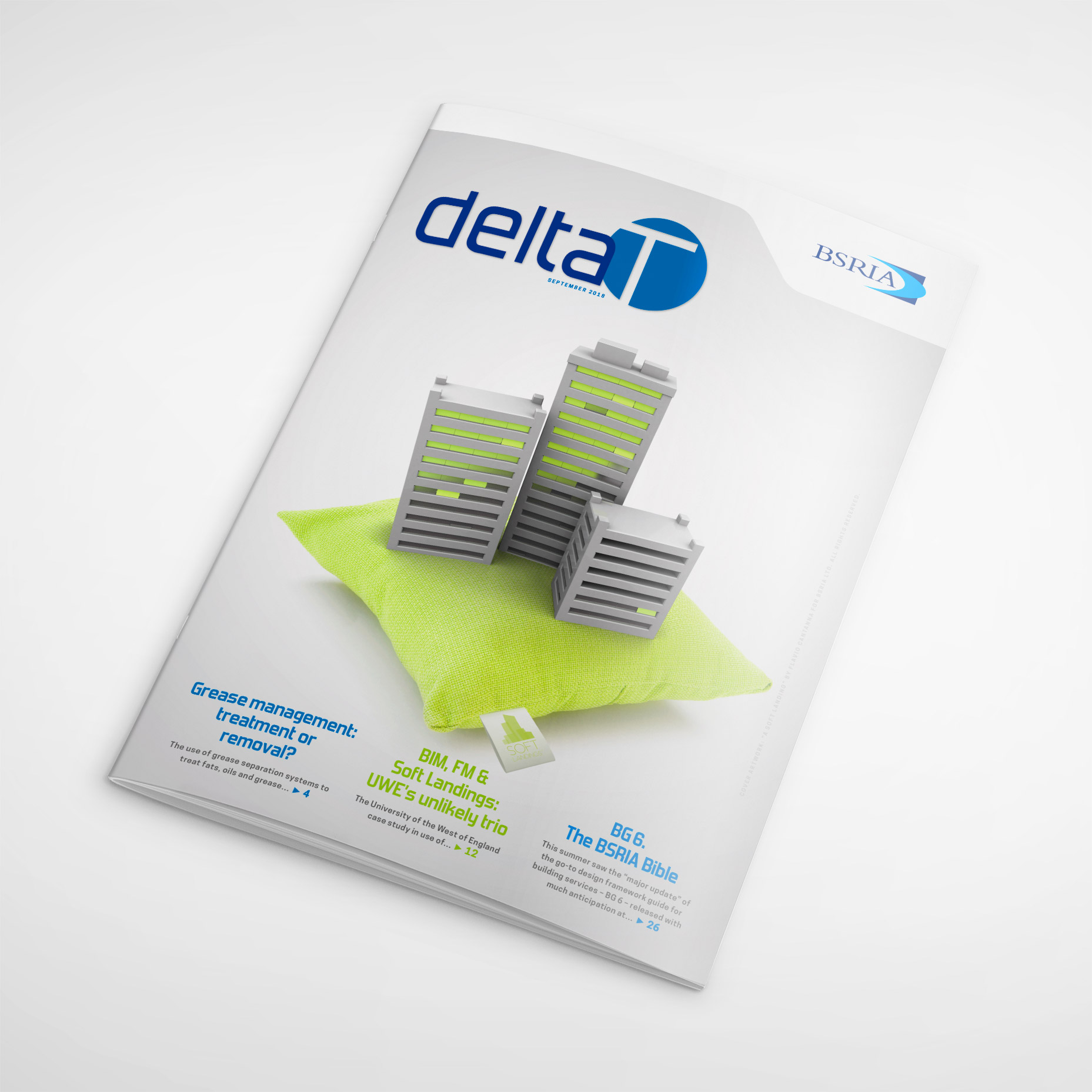 Cover of Delta T magazine showing grey tower blocks on a lime-green cushion.
