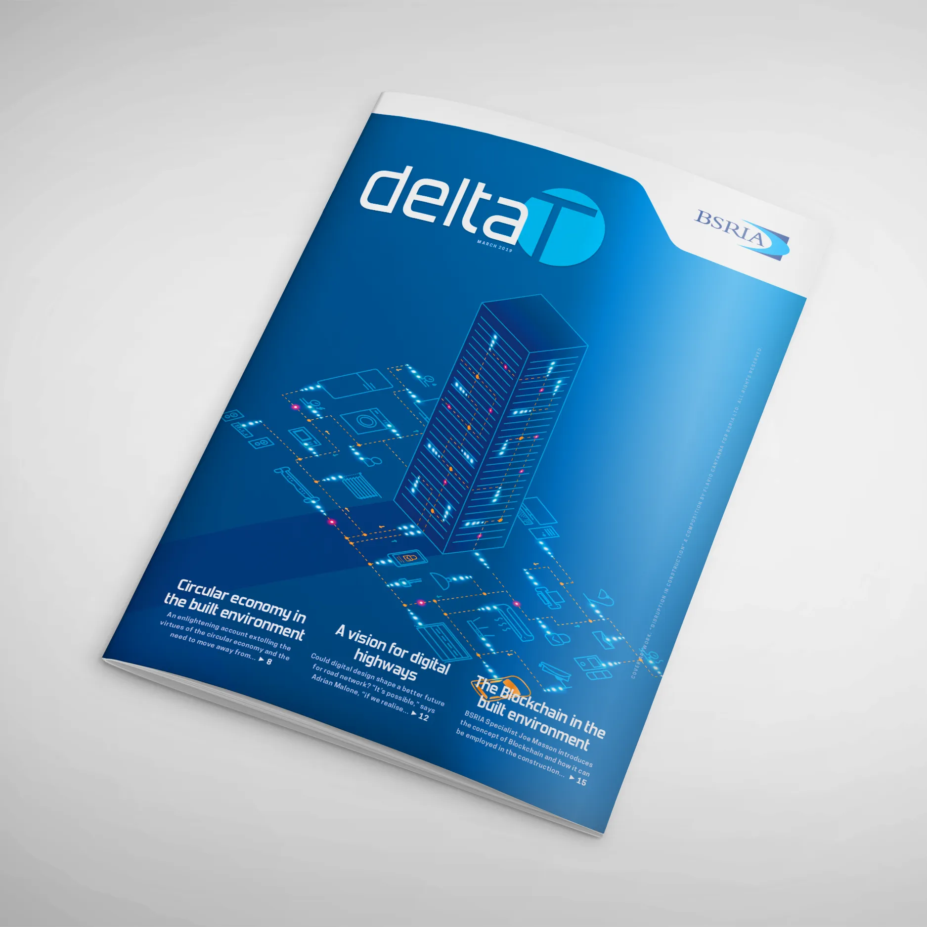 Cover of Delta T magazine with a glowing blue data tower on a dark blue background.