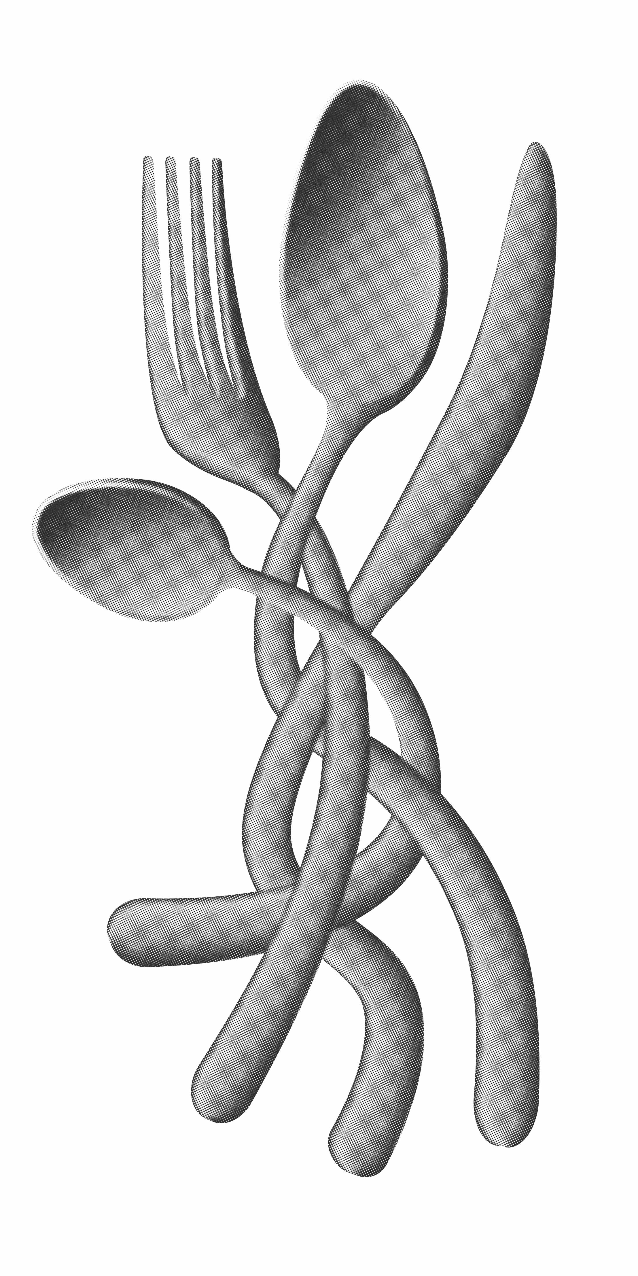 Vector artwork of a fork, spoons and a knife with intertwined, twisting handles, rendered in silver-grey halftone.