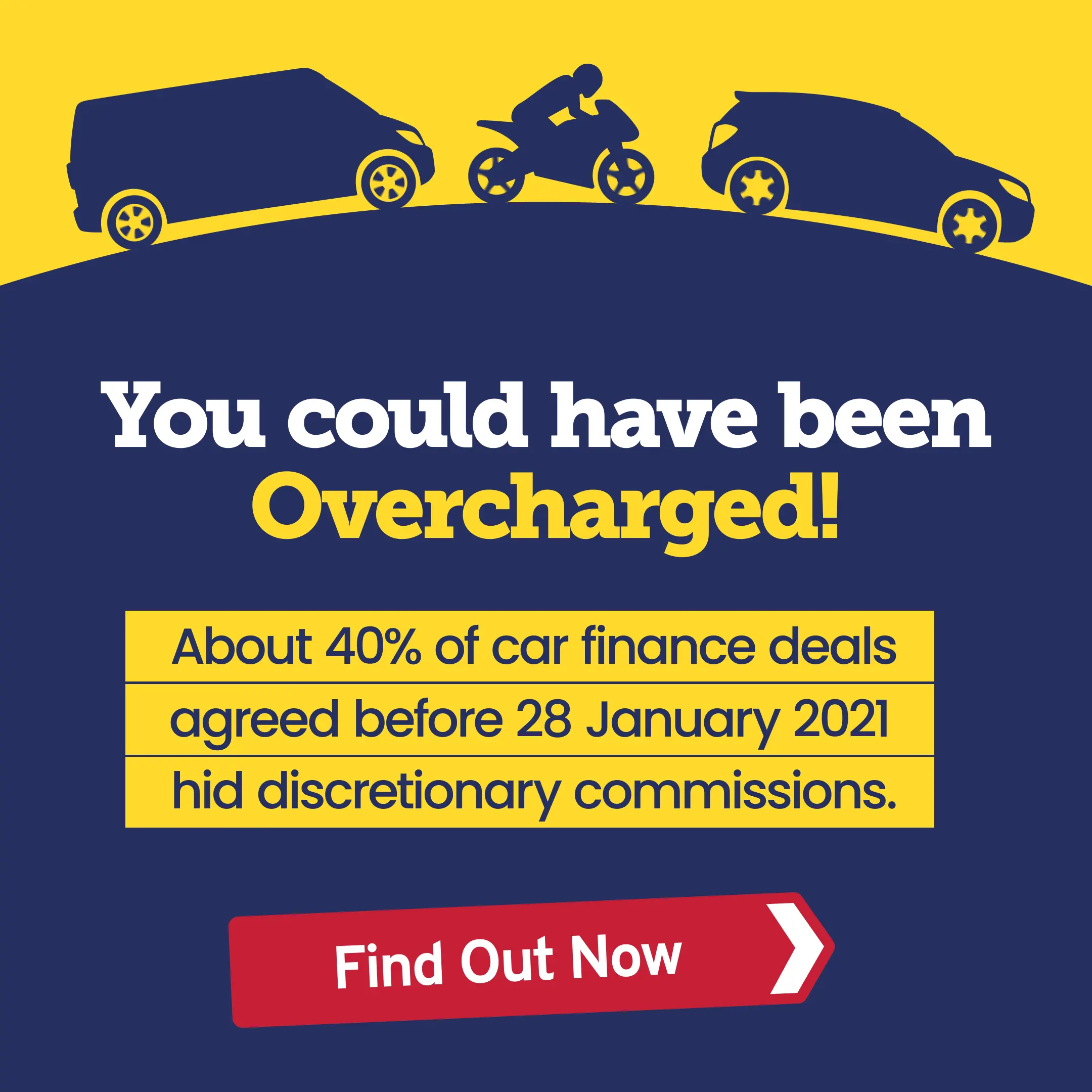 Navy social media ad with car and motorbike silhouettes, headline 'You could have been Overcharged!' and a red 'Find Out Now' button