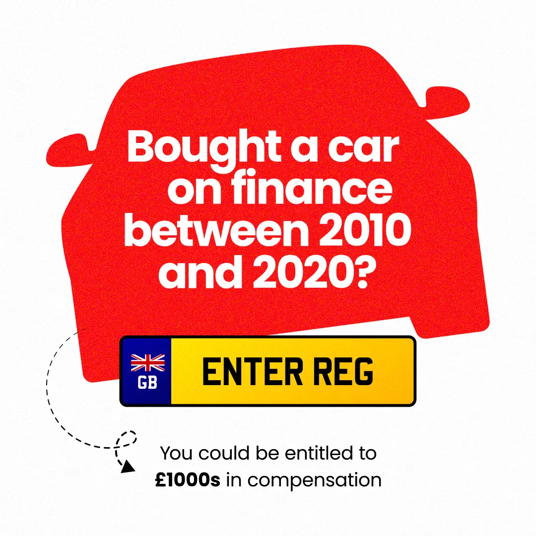 Social media ad with a red car silhouette, headline 'Bought a car on finance between 2010 and 2020?', a yellow number-plate field and the line 'You could be entitled to £1000s in compensation'