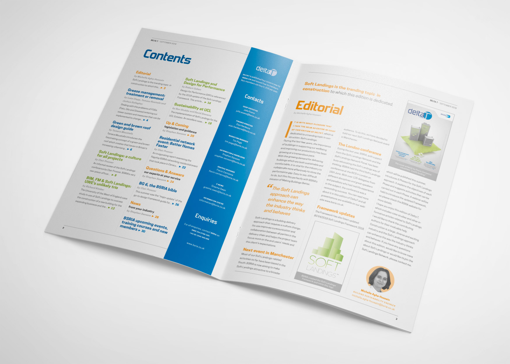 Delta T magazine spread with the contents page and editorial in blue and orange