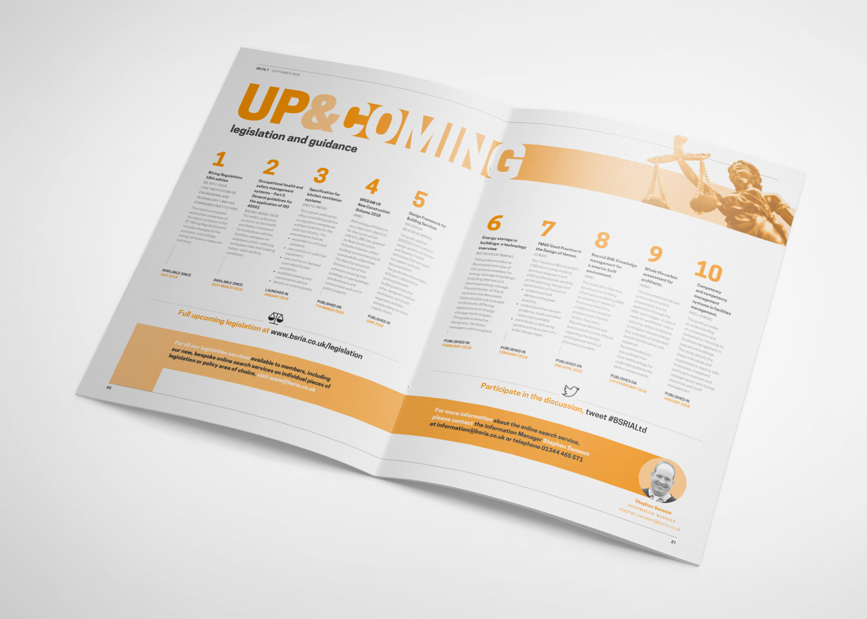 Delta T magazine spread with an orange 'Upcoming' events calendar
