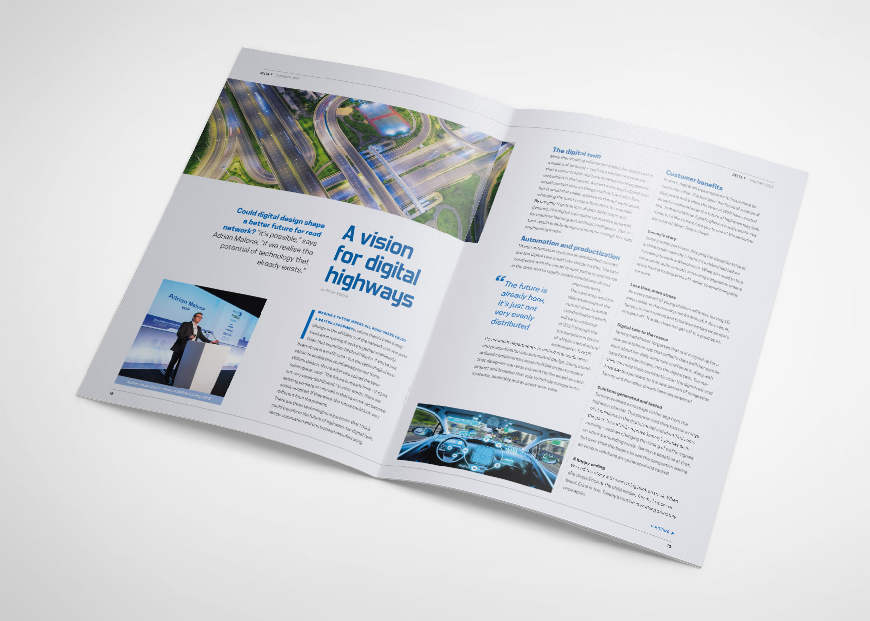 Delta T magazine spread with the article 'A vision for digital highways' and photos of roads