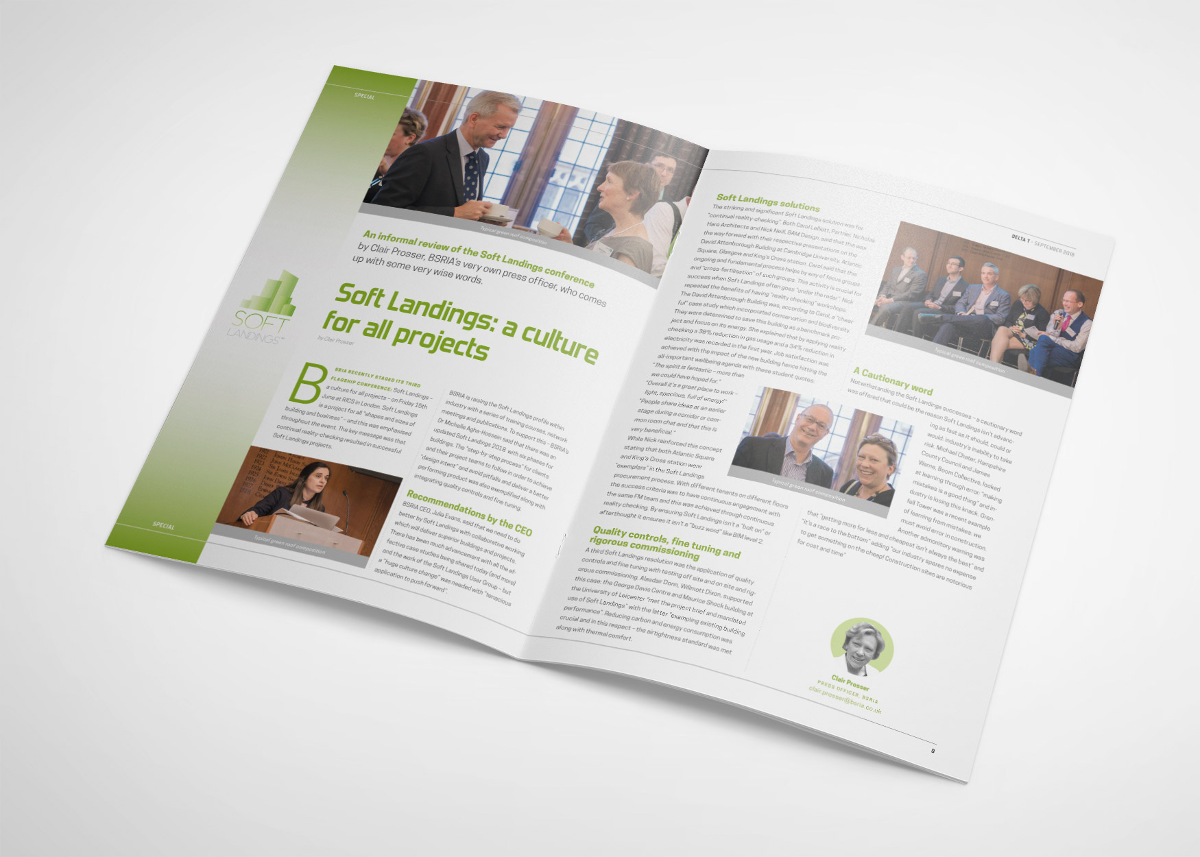 Delta T magazine spread with the article 'Soft Landings: a culture for all projects', in green, with photos